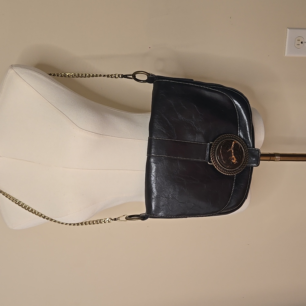 Fina Firenze Black Leather Crossbody Bag Gold Chain Strap Equestrian Chic Accent